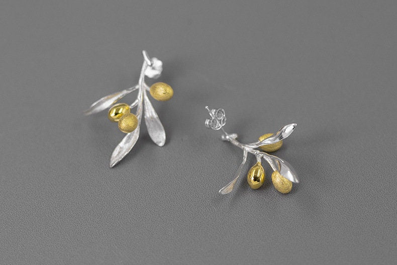 Olive Leaf Branch Earrings-Sterling Silver Olive Twig Stud Earrings-Gold Fruit-Silver Plant Jewelry-Gift for her cindysilverstudio