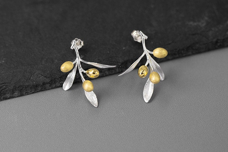 Olive Leaf Branch Earrings-Sterling Silver Olive Twig Stud Earrings-Gold Fruit-Silver Plant Jewelry-Gift for her cindysilverstudio