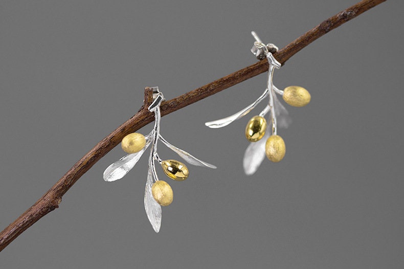 Olive Leaf Branch Earrings-Sterling Silver Olive Twig Stud Earrings-Gold Fruit-Silver Plant Jewelry-Gift for her cindysilverstudio