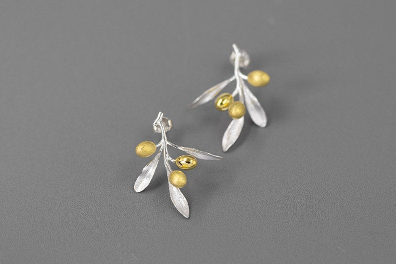 Olive Leaf Branch Earrings-Sterling Silver Olive Twig Stud Earrings-Gold Fruit-Silver Plant Jewelry-Gift for her cindysilverstudio