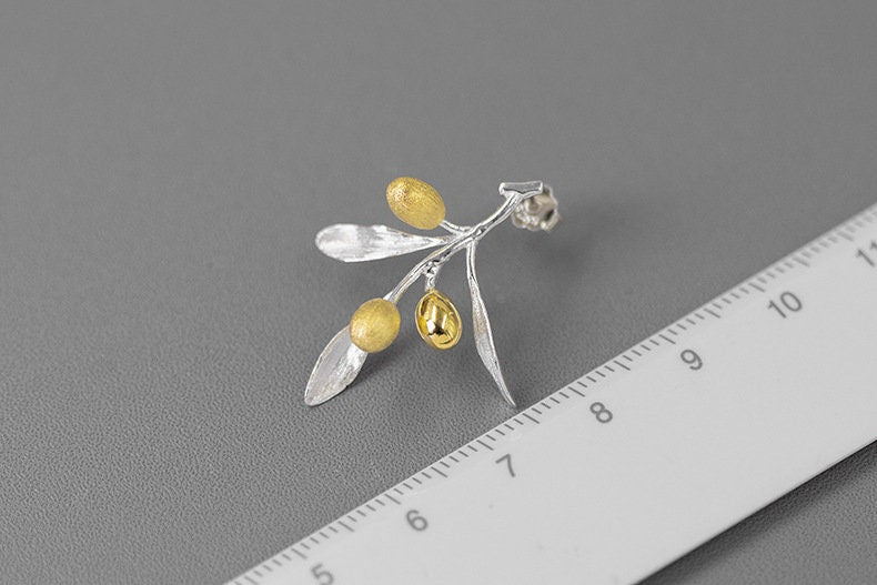 Olive Leaf Branch Earrings-Sterling Silver Olive Twig Stud Earrings-Gold Fruit-Silver Plant Jewelry-Gift for her cindysilverstudio