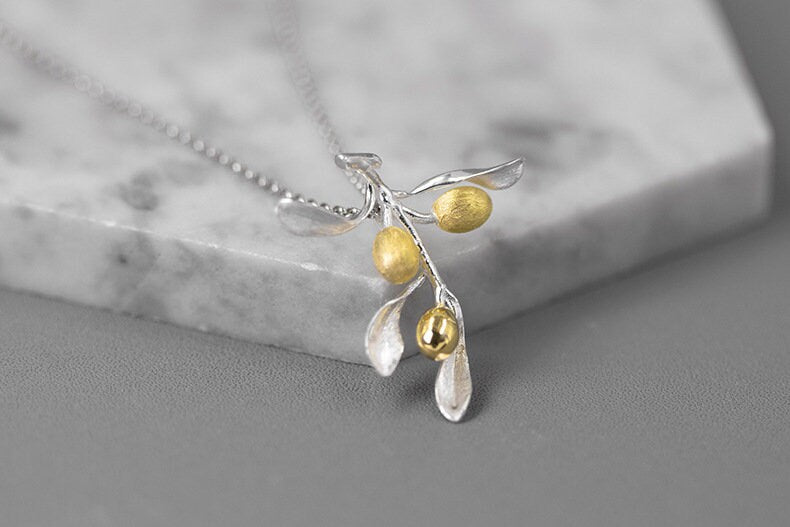 Olive Leaf Branch Necklace-Sterling Silver Olive Twig Pendant-Gold Fruit-Silver Plant Jewelry-Gift for her cindysilverstudio