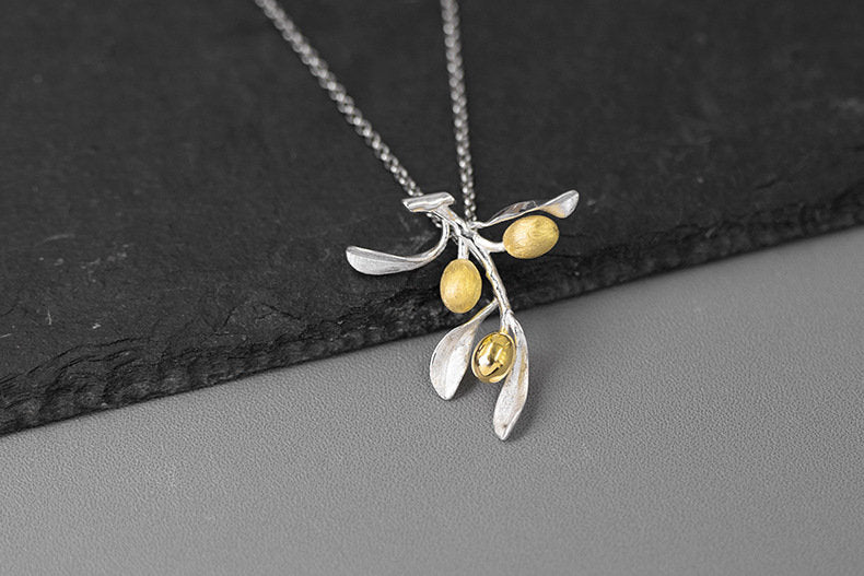 Olive Leaf Branch Necklace-Sterling Silver Olive Twig Pendant-Gold Fruit-Silver Plant Jewelry-Gift for her cindysilverstudio