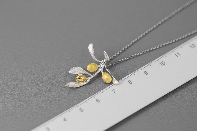 Olive Leaf Branch Necklace-Sterling Silver Olive Twig Pendant-Gold Fruit-Silver Plant Jewelry-Gift for her cindysilverstudio