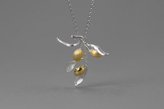 Olive Leaf Branch Necklace-Sterling Silver Olive Twig Pendant-Gold Fruit-Silver Plant Jewelry-Gift for her cindysilverstudio