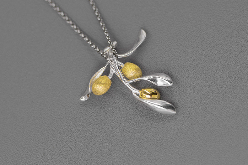 Olive Leaf Branch Necklace-Sterling Silver Olive Twig Pendant-Gold Fruit-Silver Plant Jewelry-Gift for her cindysilverstudio