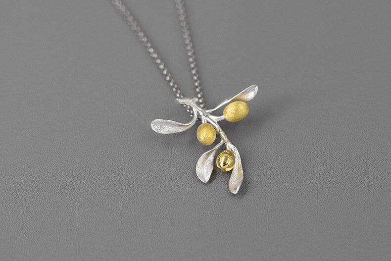 Olive Leaf Branch Necklace-Sterling Silver Olive Twig Pendant-Gold Fruit-Silver Plant Jewelry-Gift for her cindysilverstudio