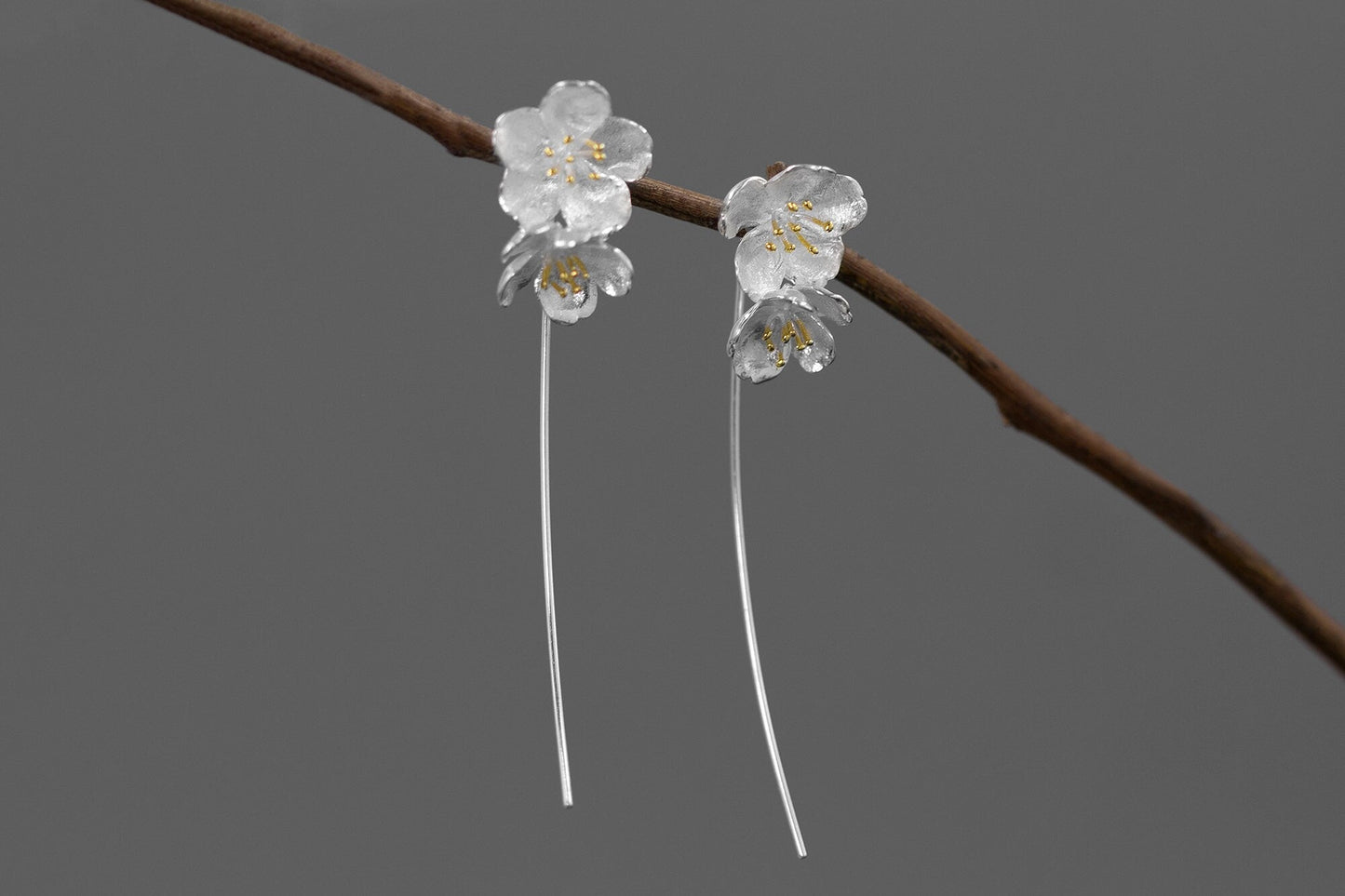 Sakura Flower Earrings-Sterling Silver Flower Twig Dangle Earrings-Cherry Blossom-Bridesmaid Floral Jewelry-Gift for her cindysilverstudio