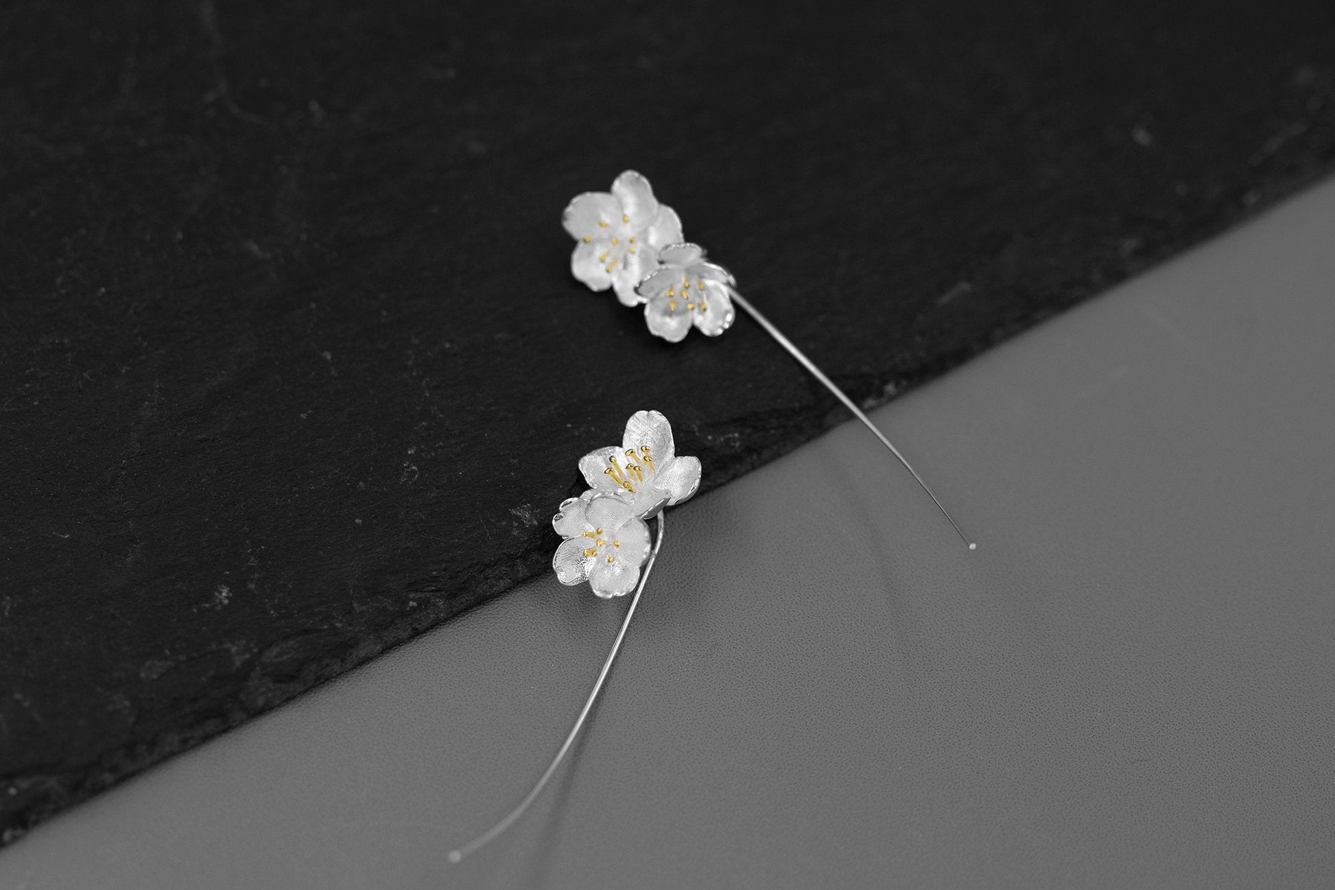 Sakura Flower Earrings-Sterling Silver Flower Twig Dangle Earrings-Cherry Blossom-Bridesmaid Floral Jewelry-Gift for her cindysilverstudio