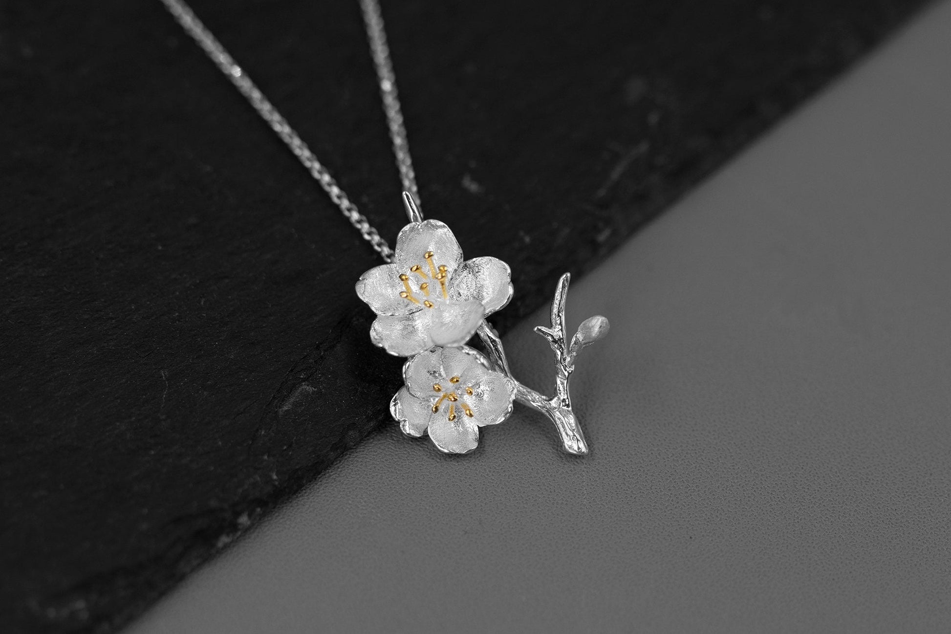 Sakura Flower Necklace-Sterling Silver Flower Twig Pendant-Cherry Blossom-Bridesmaid Floral Jewelry-Gift for her cindysilverstudio