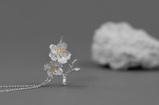 Sakura Flower Necklace-Sterling Silver Flower Twig Pendant-Cherry Blossom-Bridesmaid Floral Jewelry-Gift for her cindysilverstudio