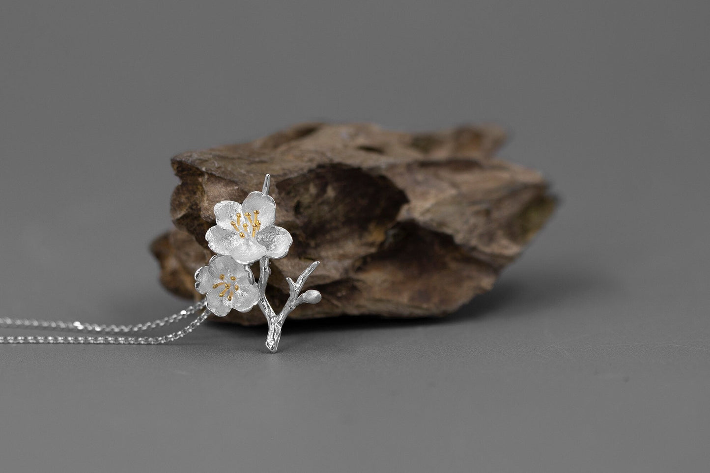 Sakura Flower Necklace-Sterling Silver Flower Twig Pendant-Cherry Blossom-Bridesmaid Floral Jewelry-Gift for her cindysilverstudio