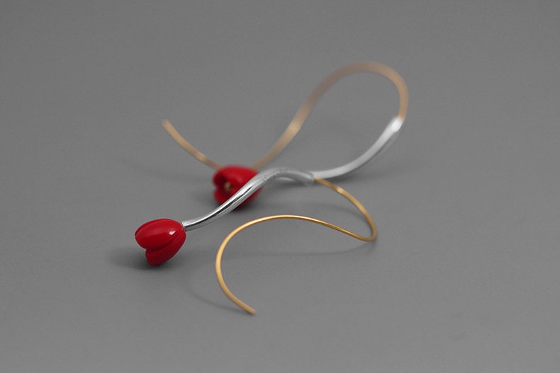 Small Red Flower Earring-Sterling Silver Long Dangle Ruby Flower Earring-S Shape Drop-Gold Hook-Floral Jewelry-Gift for Women cindysilverstudio