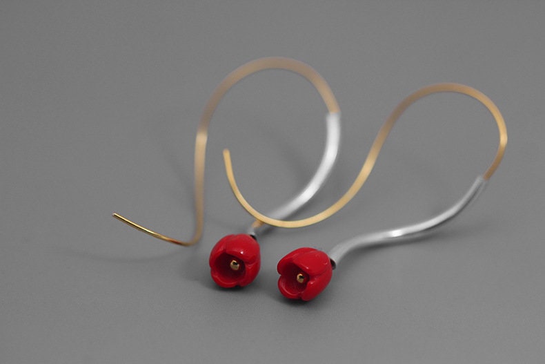 Small Red Flower Earring-Sterling Silver Long Dangle Ruby Flower Earring-S Shape Drop-Gold Hook-Floral Jewelry-Gift for Women cindysilverstudio