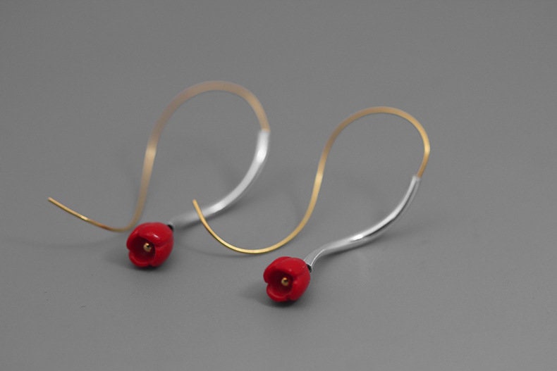 Small Red Flower Earring-Sterling Silver Long Dangle Ruby Flower Earring-S Shape Drop-Gold Hook-Floral Jewelry-Gift for Women cindysilverstudio