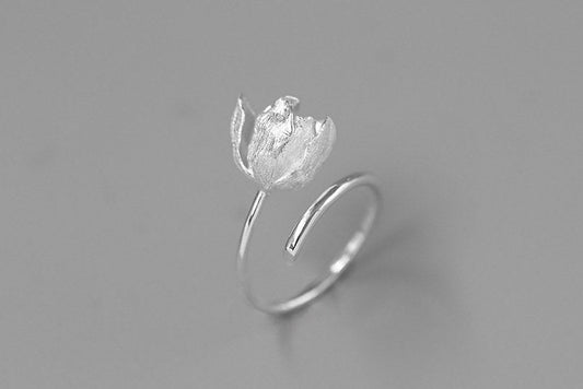 Tulip Flower Ring-Sterling Silver Tulip Blossom Adjustable Open Ring-Floral Silver Jewelry-Gift for her cindysilverstudio