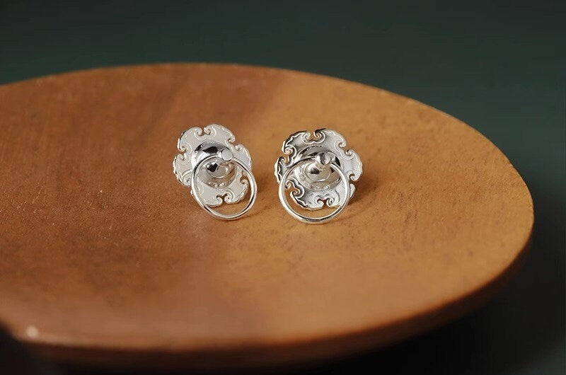 Vintage Door Knocker Earring-Sterling Silver Knocker Stud Earring-Ru-Yi Pattern-Vintage Silver Jewelry-Gift for her cindysilverstudio