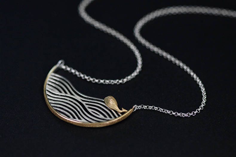 Whale Waves Necklace-Gold Whale Silver Waves Pendant-Swim Whale-Sterling Silver Chain-Summer Statement Jewelry-Gift for her cindysilverstudio