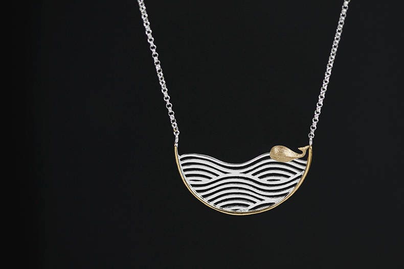 Whale Waves Necklace-Gold Whale Silver Waves Pendant-Swim Whale-Sterling Silver Chain-Summer Statement Jewelry-Gift for her cindysilverstudio