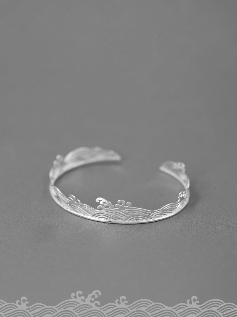 Surfing Wave Bangle-Sterling Silver Water Wave Pattern Bangle-Cutout Style-Carve Pattern Jewelry-Gift for Christmas