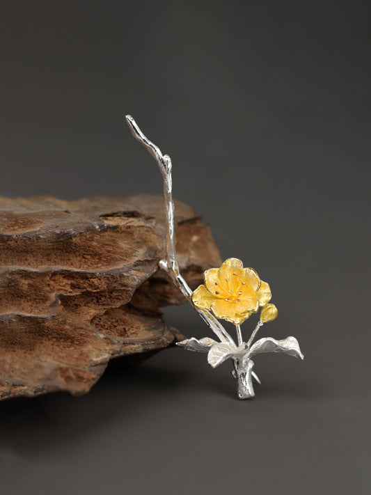 Begonia Flower Brooch-Sterling Silver Blossom Flower Twig Brooch-Gold Flower Slender Twig-Floral Jewelry-Bridesmaid gifts-Gift for her
