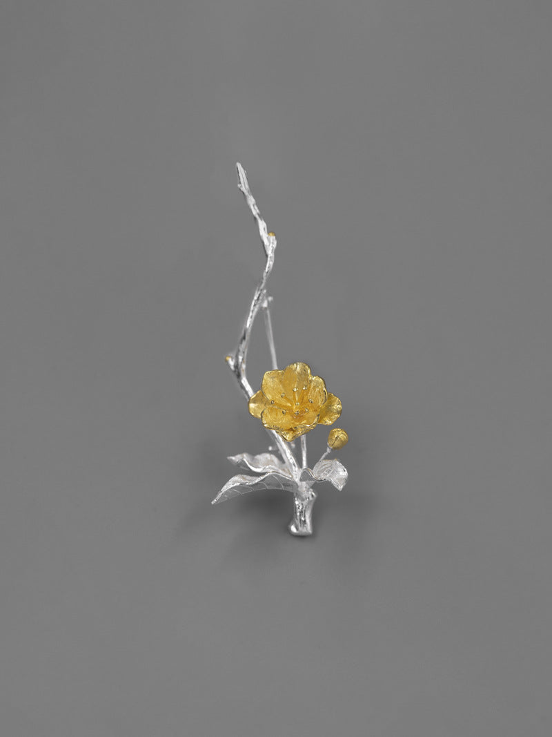 Begonia Flower Brooch-Sterling Silver Blossom Flower Twig Brooch-Gold Flower Slender Twig-Floral Jewelry-Bridesmaid gifts-Gift for her