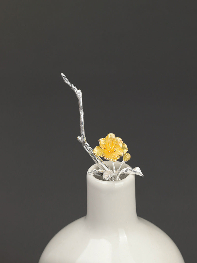 Begonia Flower Brooch-Sterling Silver Blossom Flower Twig Brooch-Gold Flower Slender Twig-Floral Jewelry-Bridesmaid gifts-Gift for her