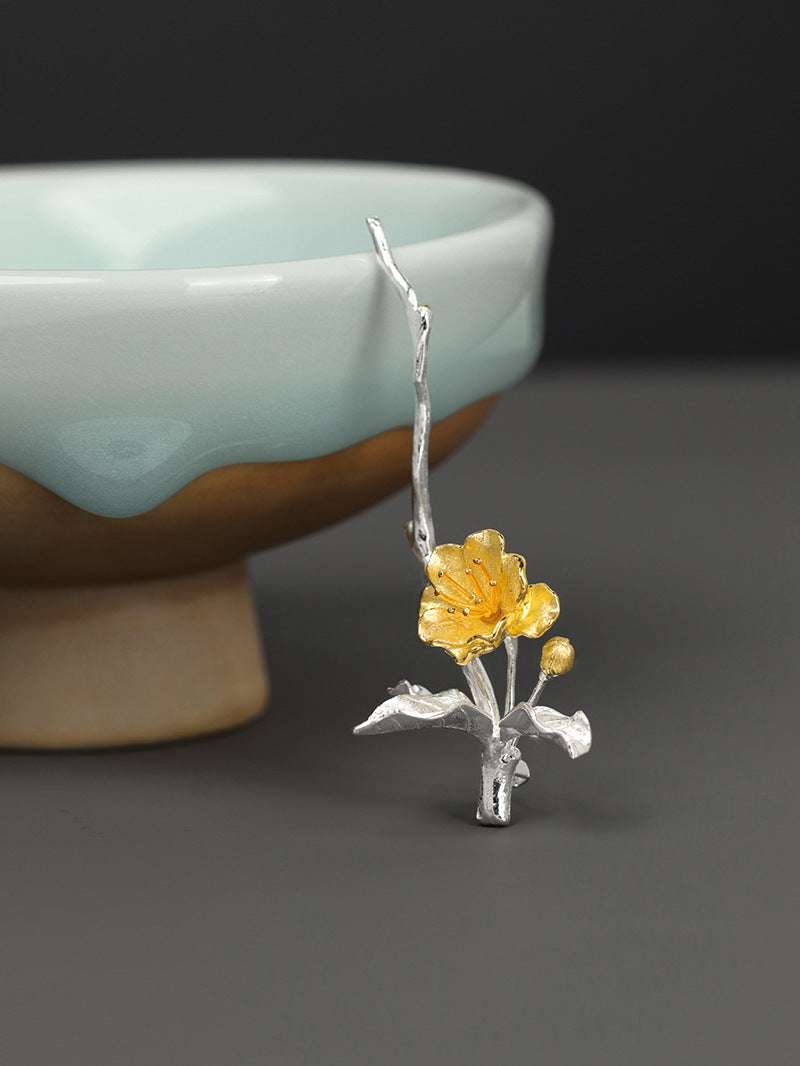Begonia Flower Brooch-Sterling Silver Blossom Flower Twig Brooch-Gold Flower Slender Twig-Floral Jewelry-Bridesmaid gifts-Gift for her
