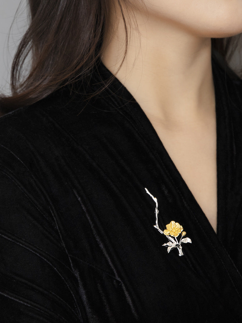 Begonia Flower Brooch-Sterling Silver Blossom Flower Twig Brooch-Gold Flower Slender Twig-Floral Jewelry-Bridesmaid gifts-Gift for her