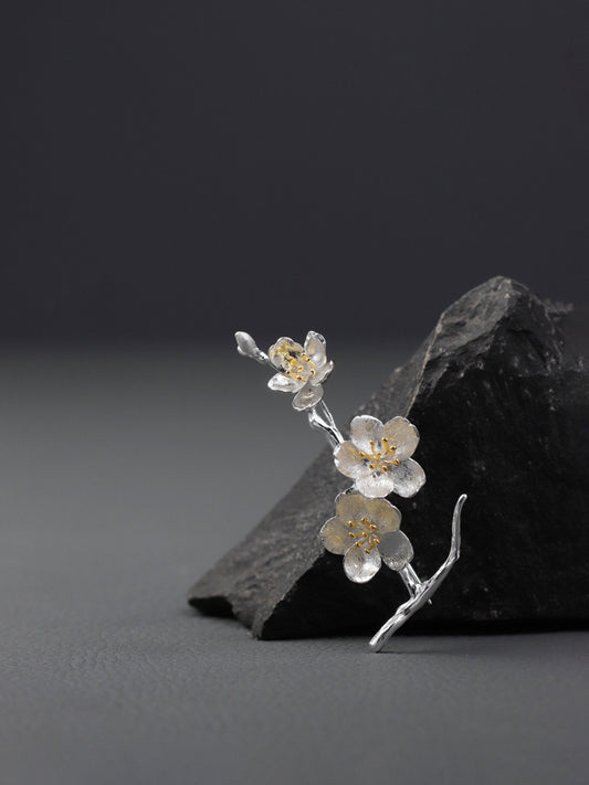 Sakura Flower Brooch-Sterling Silver Flower Twig Pin-Cherry Blossom-Bridesmaid Floral Jewelry-Gift for her