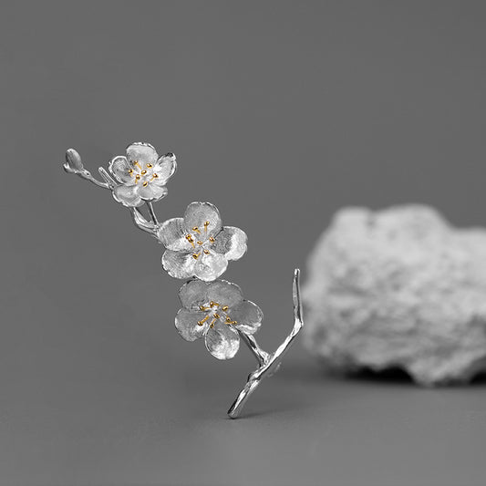 Sakura Flower Brooch-Sterling Silver Flower Twig Pin-Cherry Blossom-Bridesmaid Floral Jewelry-Gift for her