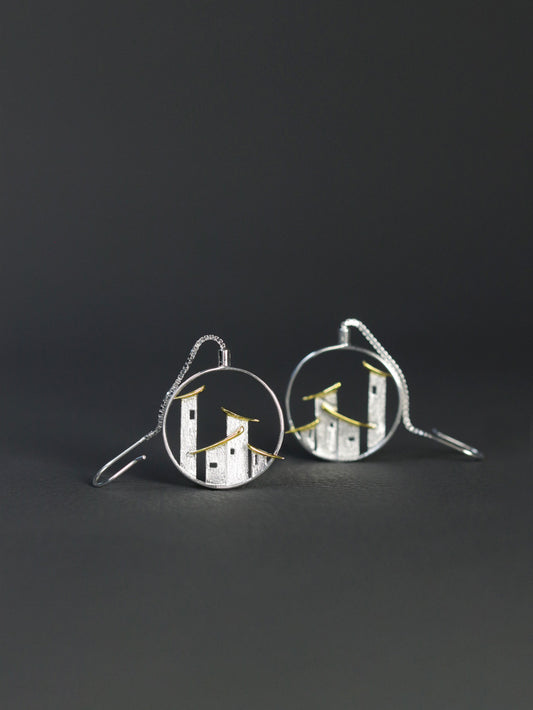 Folk Houses Earrings-Sterling Silver House Charm Hoop Earrings-House Wall-Landscape Art Jewelry-Gift For her