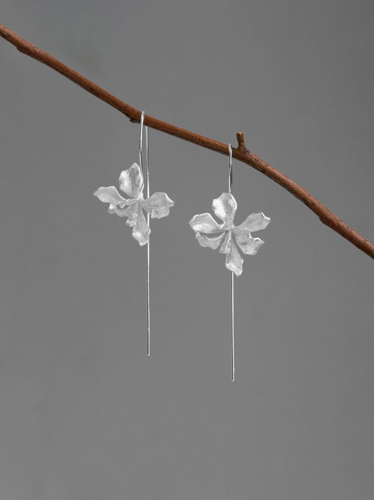 Irises Flower Charm Earring-Sterling Silver Blossom Flower Dangle Earring-Long Dangle-Dainty Floral Jewelry-Gift for her