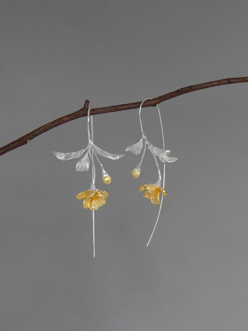 Begonia Flower Earring-Sterling Silver Blossom Flower Dangle Earring-Gold Flower Silver Leaf-Floral Jewelry-Bridesmaid gifts-Gift for her