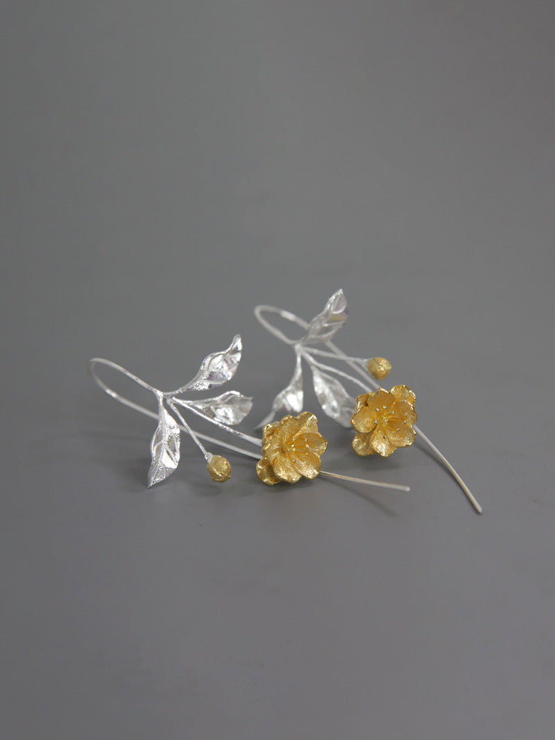 Begonia Flower Earring-Sterling Silver Blossom Flower Dangle Earring-Gold Flower Silver Leaf-Floral Jewelry-Bridesmaid gifts-Gift for her