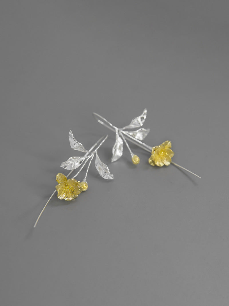 Begonia Flower Earring-Sterling Silver Blossom Flower Dangle Earring-Gold Flower Silver Leaf-Floral Jewelry-Bridesmaid gifts-Gift for her