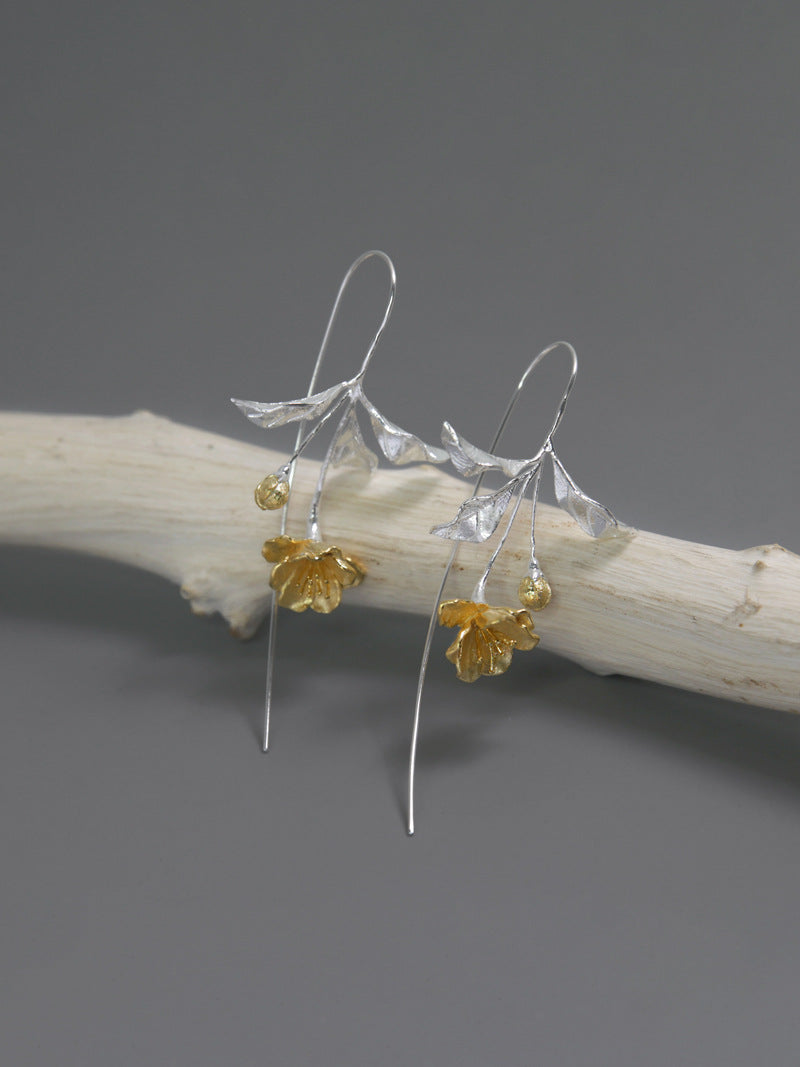 Begonia Flower Earring-Sterling Silver Blossom Flower Dangle Earring-Gold Flower Silver Leaf-Floral Jewelry-Bridesmaid gifts-Gift for her