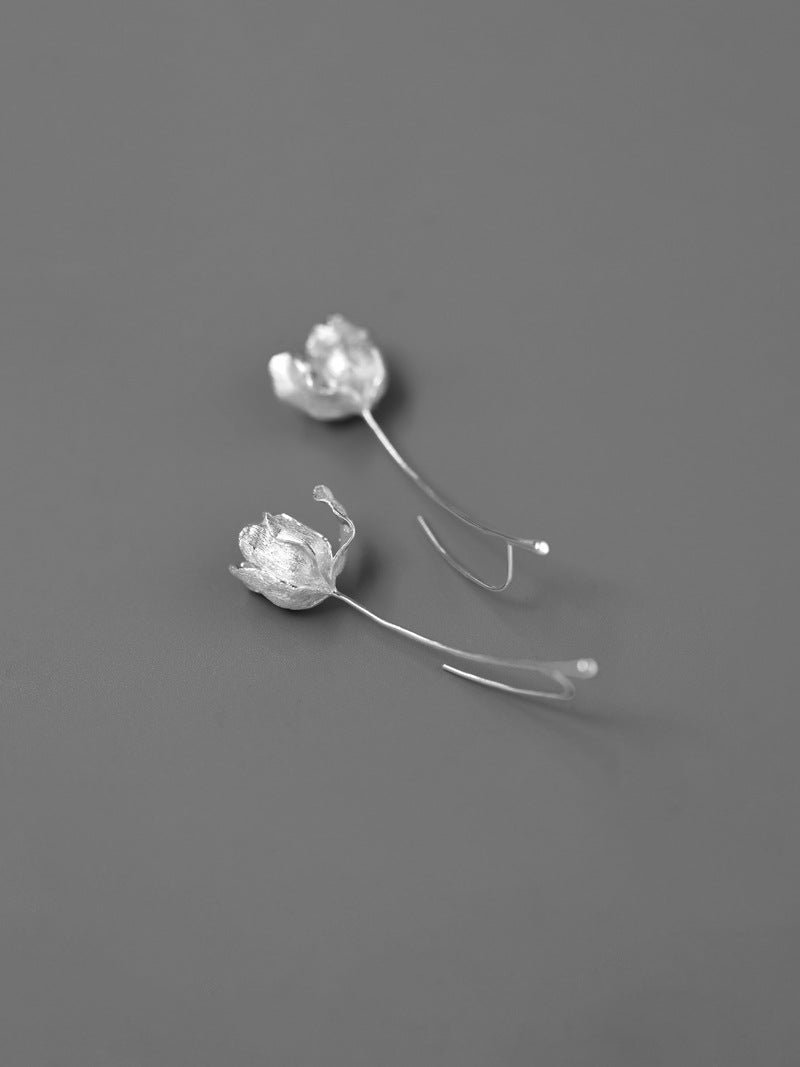 Tulip Flower Earring-Sterling Silver Tulip Blossom Hook Earring-Floral Silver Jewelry-Gift for her