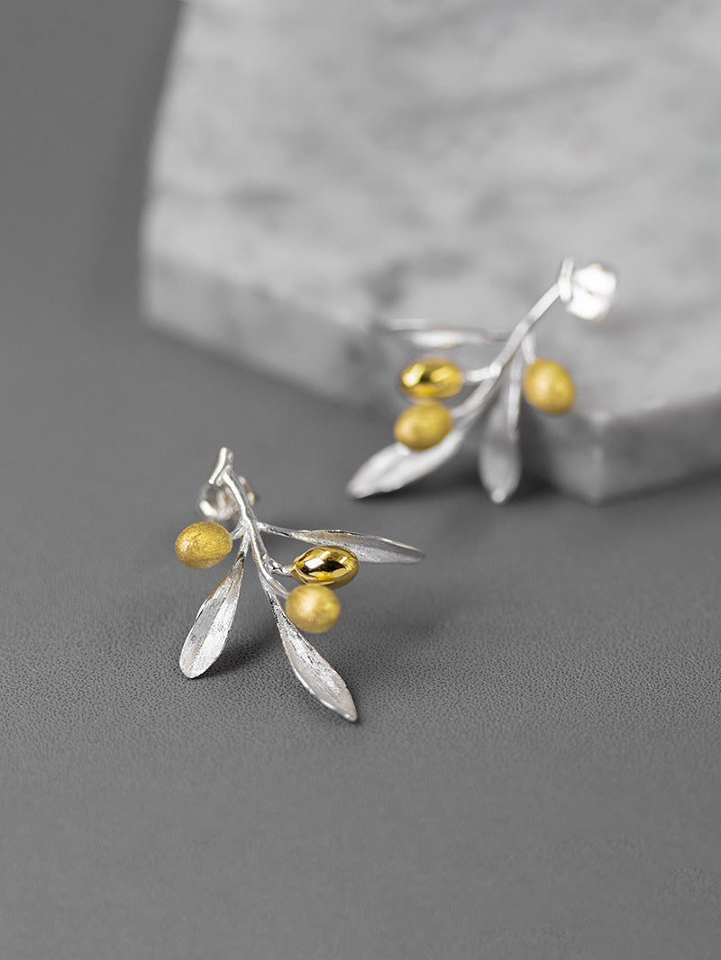 Olive Leaf Branch Earrings-Sterling Silver Olive Twig Stud Earrings-Gold Fruit-Silver Plant Jewelry-Gift for her