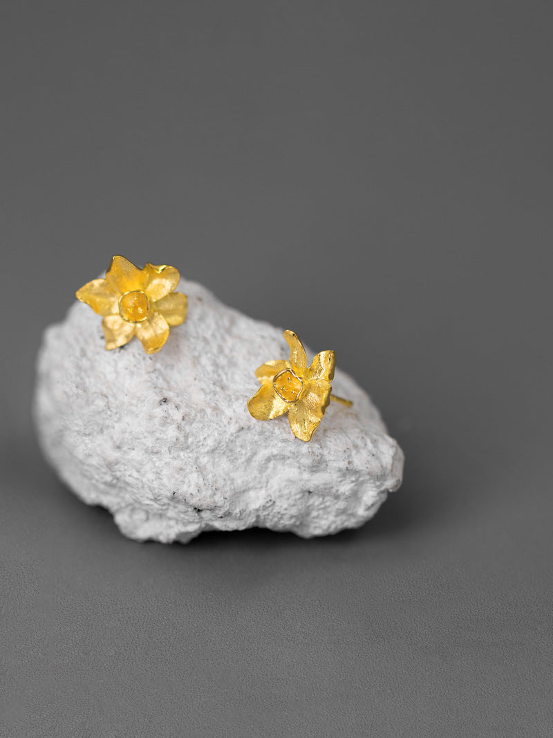 Narcissus Flower Charm Earring-Sterling Silver Narcissus Flower Stud Earring-Spring Flower-Dainty Floral Jewelry-Mother's Day Gift