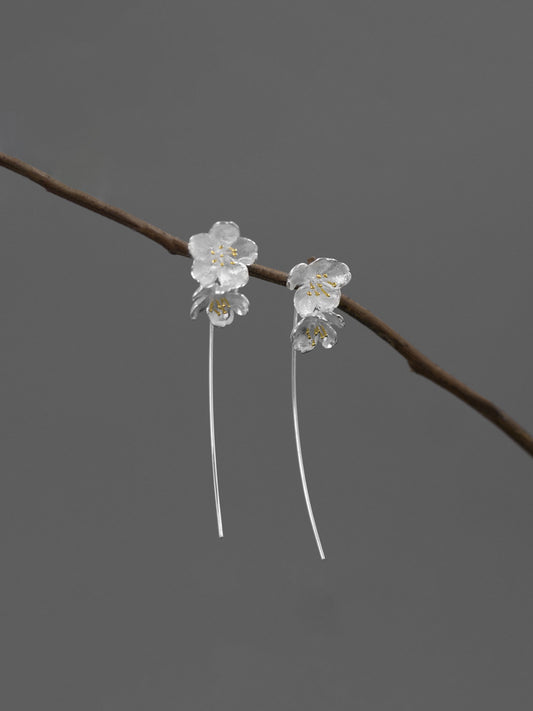 Sakura Flower Earrings-Sterling Silver Flower Twig Dangle Earrings-Cherry Blossom-Bridesmaid Floral Jewelry-Gift for her