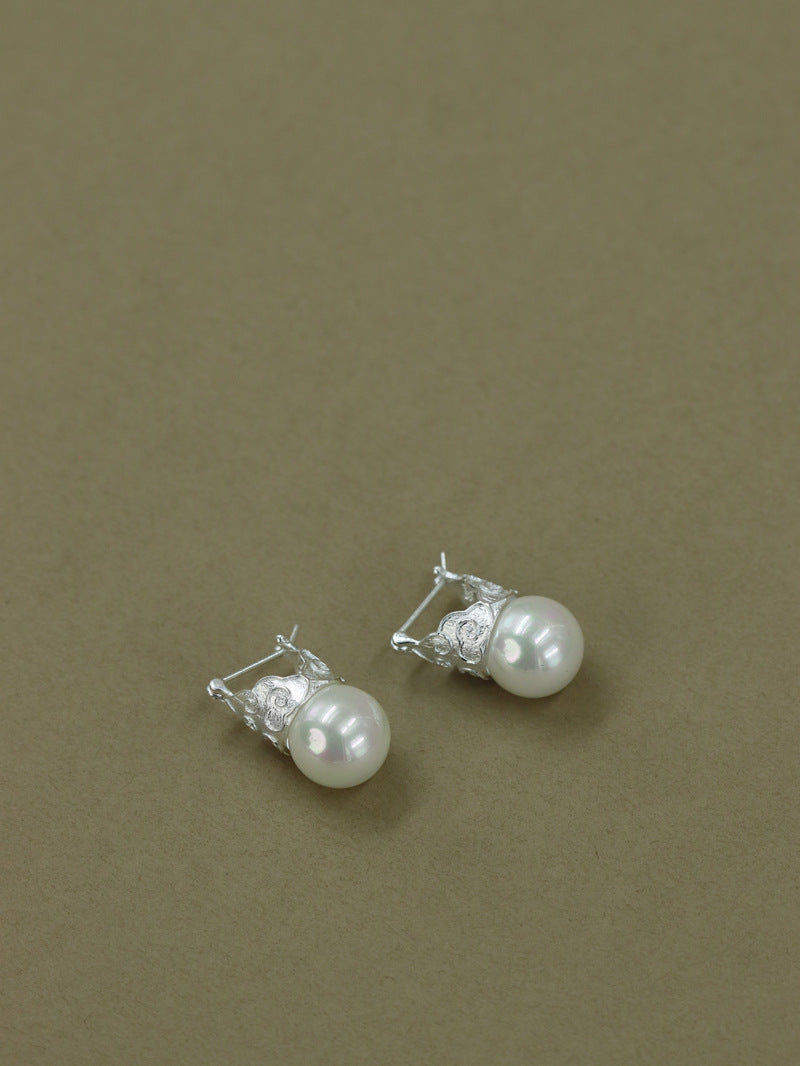 Shell Pearl Earring-Sterling Silver Cloud Pattern Charm Earring-12 mm Pearl-Fashion Pearl Jewelry-Gift for her
