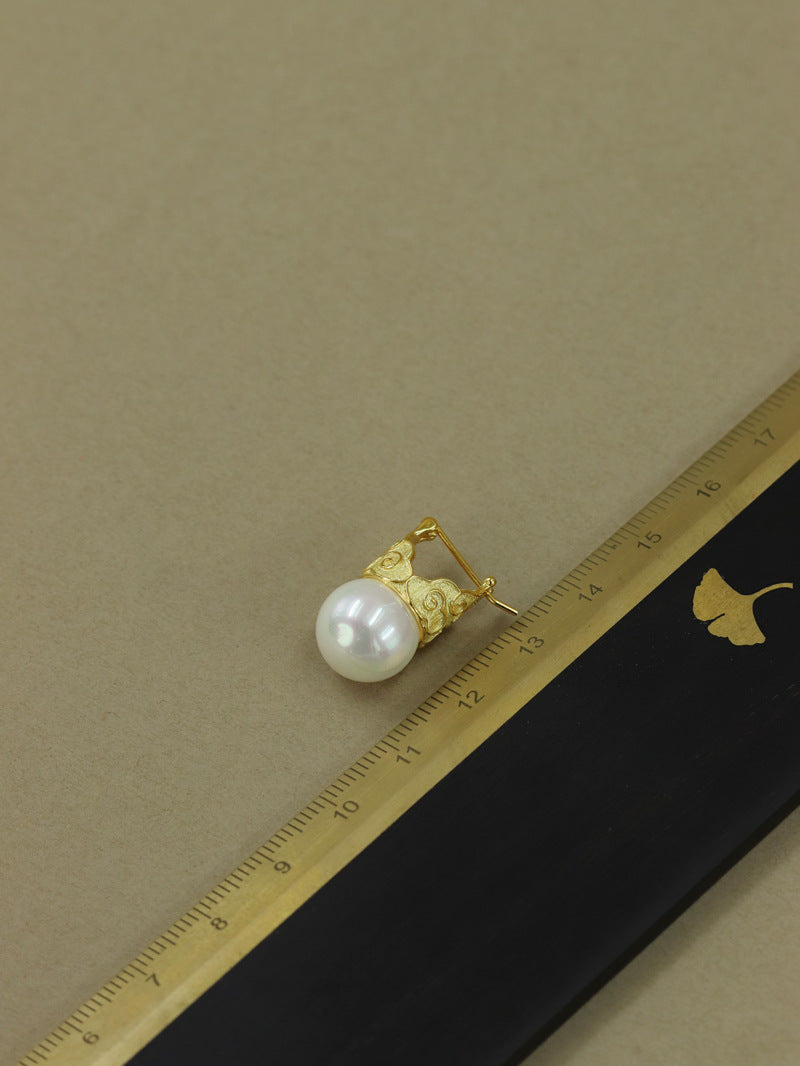 Shell Pearl Earring-Sterling Silver Cloud Pattern Charm Earring-12 mm Pearl-Fashion Pearl Jewelry-Gift for her