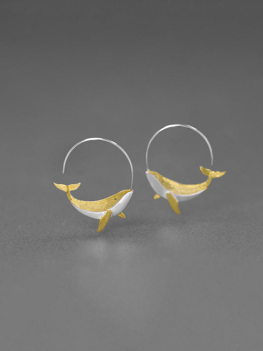 Humpback Whale Earrings-Sterling Silver Gold Whale Hoop Earring-Gold Tail-Ocean Animal Jewelry-Gift for her