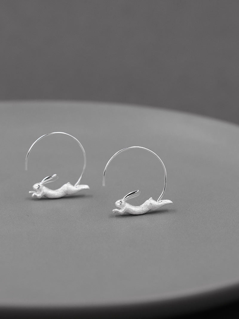 Running Rabbit Charm Earrings-Sterling Silver Ribbit Hoop Earring-Long Ear-Cute Animal Jewelry-Gift for her