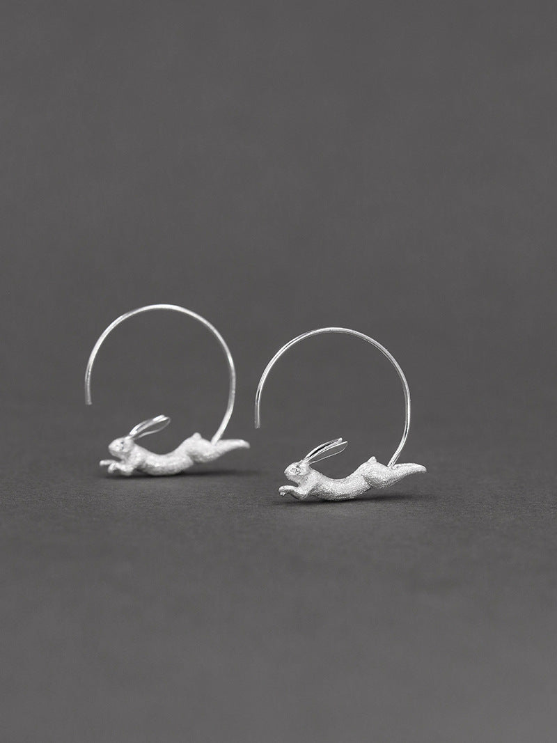 Running Rabbit Charm Earrings-Sterling Silver Ribbit Hoop Earring-Long Ear-Cute Animal Jewelry-Gift for her