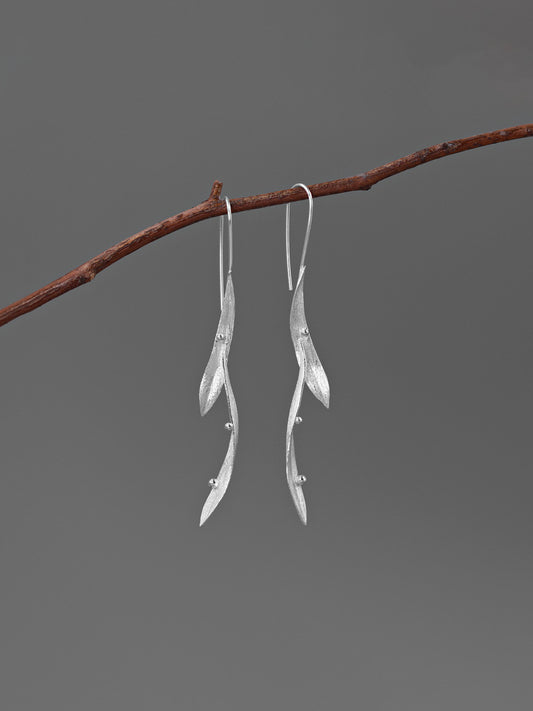 Long Leaf Earrings-Sterling Silver Long Leaf Hook Earrings-Dew Drop on grass-Silver Leaf Jewelry-Gift for her