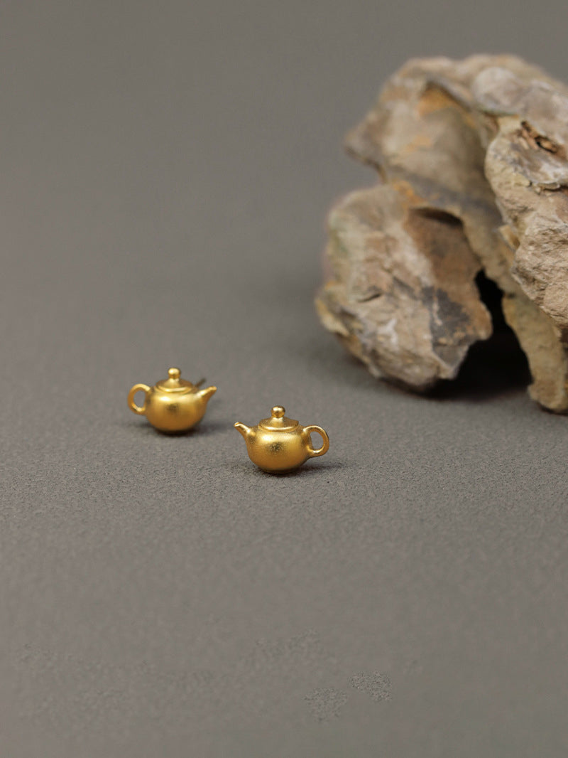 Teapot Charm Earrings-Sterling Silver Teapot Charm Stud Earrings-Gold Silver Tone-Teapot Art Jewelry-Gift for her