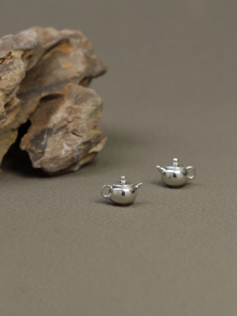 Teapot Charm Earrings-Sterling Silver Teapot Charm Stud Earrings-Gold Silver Tone-Teapot Art Jewelry-Gift for her