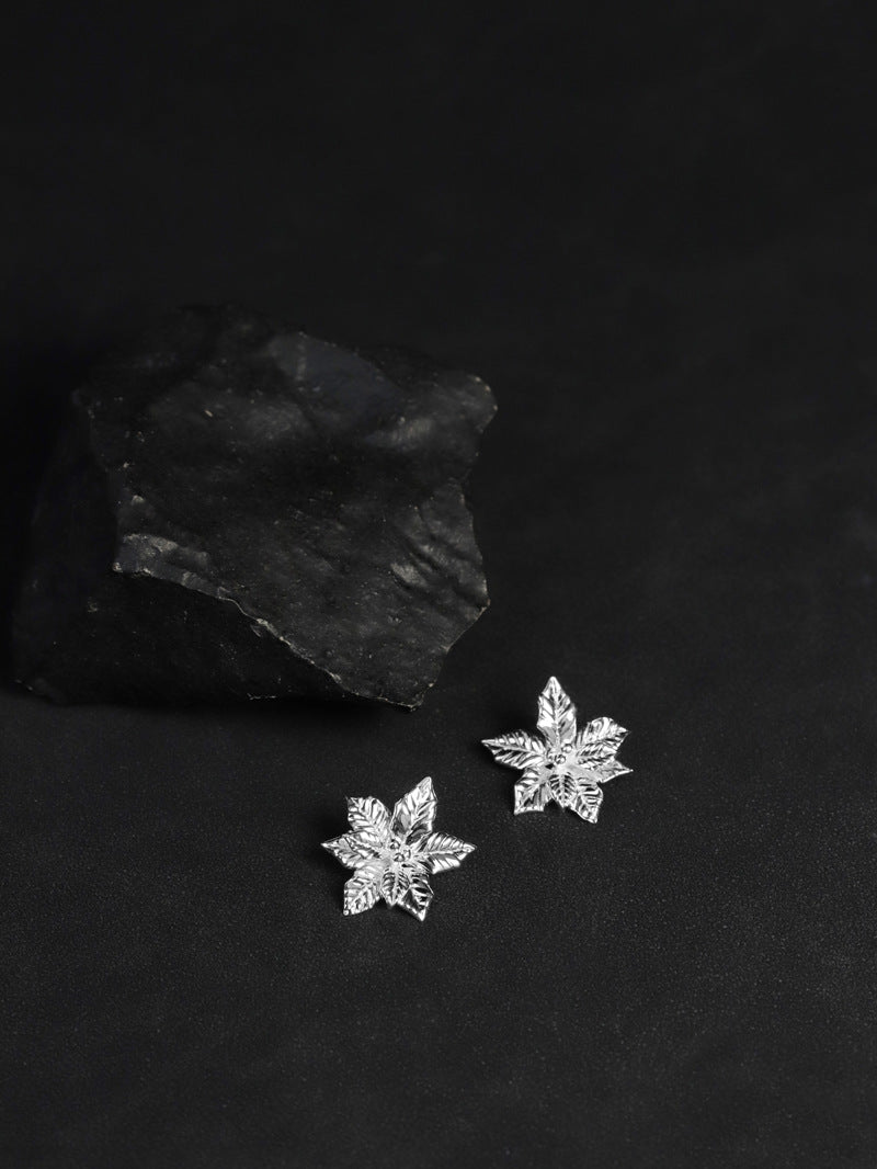 Poinsettia Flower Earrings-Sterling Silver Poinsettia Flower Earrings-Gold Silver Tone-Silver Floral Jewelry-Gift for her